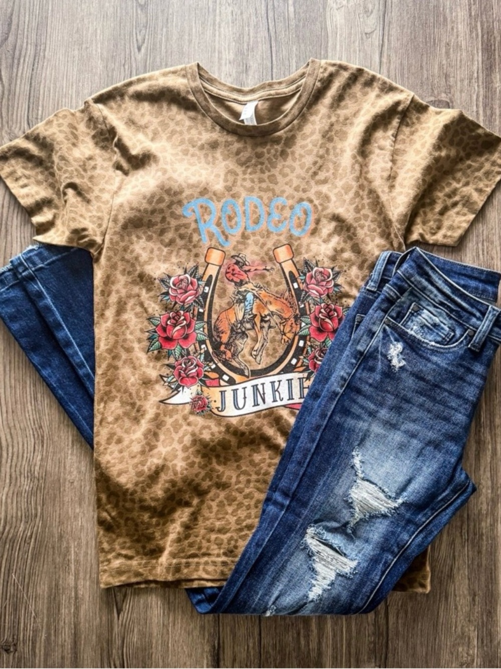 Rodeo Junkie Graphic Tee - Brown Leopard Print